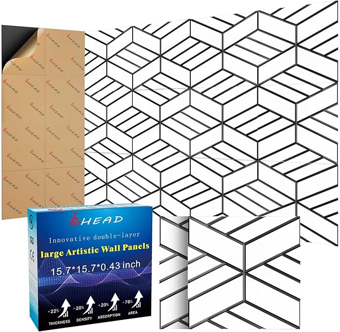 BSHEAD 8 Pack 2-Layer Soundproof Wall Panels, 15.7 x 15.7 x 0.43 in Large Sound Proof Foam Panels for Walls, 0.9lb/ft³ High Density, 3D Acoustic Panels,Artistic Noise Dampening Panels White&Black