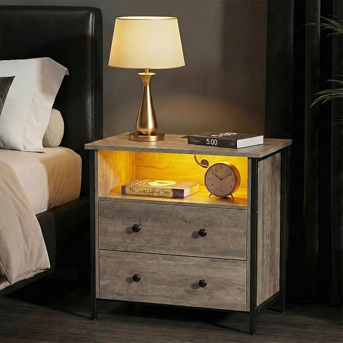 Tykacna 27 Inch Wide Night Stand, Lrage Wood Night Stand Set 2 with 2 Drawers, LED Nightstand with Charging Station and Adjustable Drawer, Bedside Table for Living Room/Bedroom/Study/Office, Gray.