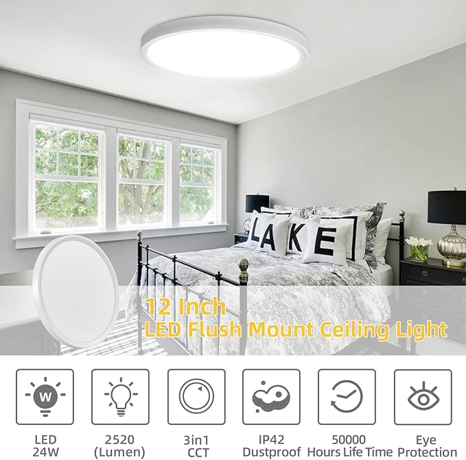 RLEDPZTX 4PK 12 Inch LED Flush Mount Ceiling Light, 24W, 2520LM,3000K/4000K/6000K CCT Selectable, Round Flat Panel Low Profile Ceiling Light Fitures for Hallway, Kitchen, Bedroom, Laundry Room,White