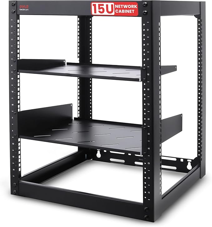 Pyle 15U Network Cabinet - Open Wall Mount Server Rack w/Heavy-Duty Wheels, Wall-Mountable, Steel Construction, Vented Shelves, Easy Access, 19" Equipment Compatible, 20 x 20 x 26 in (Black)