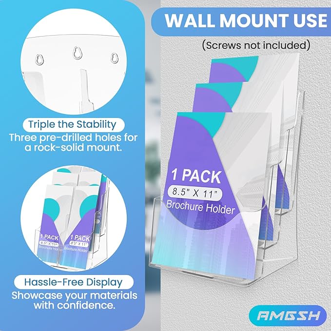 AMGSH 3 Tier Brochure Stand - Acrylic Literature Holder with Removable Divider for 4' x 9' Brochure, Clear Flyer Holder Pamphlet Display Stand