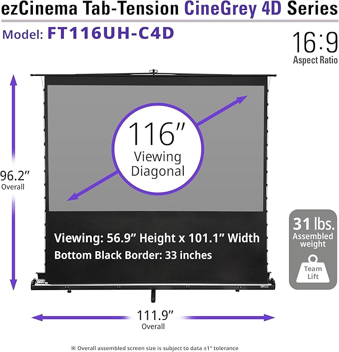 Elite Screens ezCinema Tab-Tension CineGrey 4D, 116-inch 16:9, Manual Floor Pull Up ISF Ceiling Ambient Light Rejecting, Portable Home Office Classroom Projector Screen with Carrying Bag, FT116UH-C4D