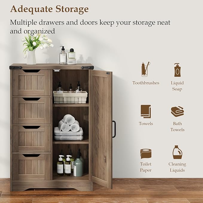 Vabches Farmhouse Bathroom Cabinet, Freestanding Storage Cabinet with 4 Drawers and 1 Door, Rustic Storage Organizer with Adjustable Shelf for Bathroom, Living Room, Entryway, Grey