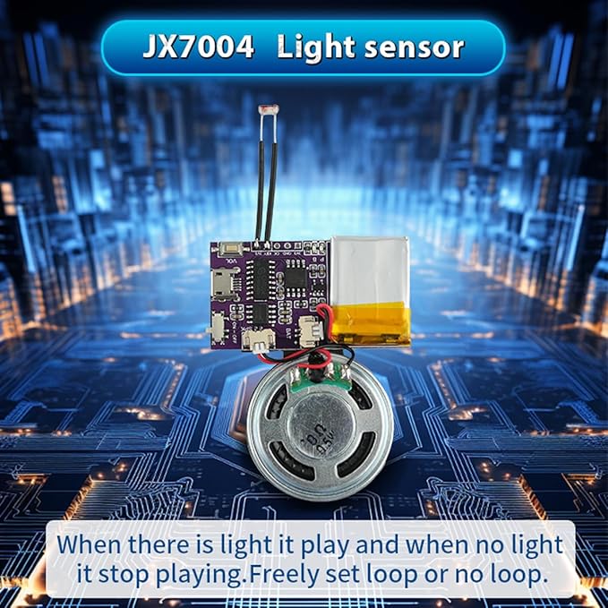 Voice Module,MP3 Music Sound Chips, 16MB Sound Module for Crafts, Christmas, New Year Greeting Cards, Box with Speaker Lithium Battery Powered and USB Cable. (JR-JX7004-Light Sound Module)