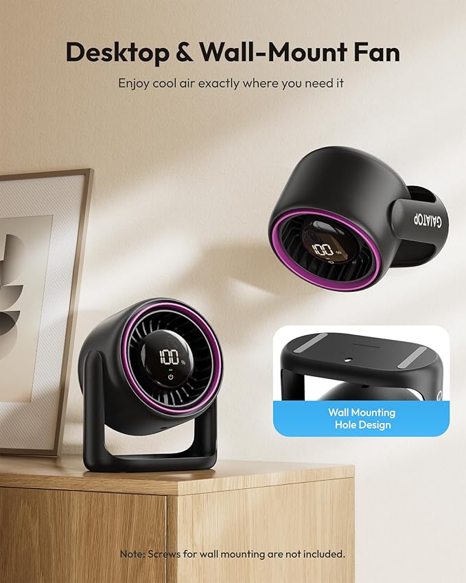 Gaiatop Desk Fan with Touch Control, 4000mAh Battery, 5 Speeds Ultra Quiet Bedroom Fan with LED Display, 90° Tilt, 7.7 In USB-C Rechargeable Desktop Fan for Dorm Office Room Home Office, Black Purple
