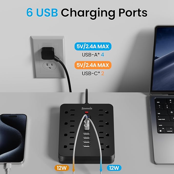 Bawmwim Surge Protector Power Strip, 8 Outlets(1250W/10A), 6 USB Charging Ports(2 USB C), 10FT Flat Plug Extension Cord Outlet Extender with Overload Protection, ETL Certified for Office, Dorm Room