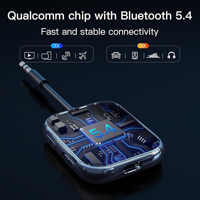 Bluetooth 5.4 Transmitter Receiver, Low-Latency for Gaming/TV/PC/Gym,2-in-1 Dual Mode for 2 Devices,Ideal for Airplane Travel, aptX Adaptive HD Audio, Wear-Resistant Ultra-Ceramic