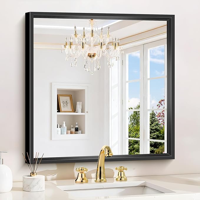 24x24 Square Black Mirror, Bathroom Mirrors for Over Sink 0.6" Thickened Deep Frame, Brushed Black Rectangle Mirrors for Wall, Shatterproof Tempered Glass, Antirust, Horizontally or Vertically