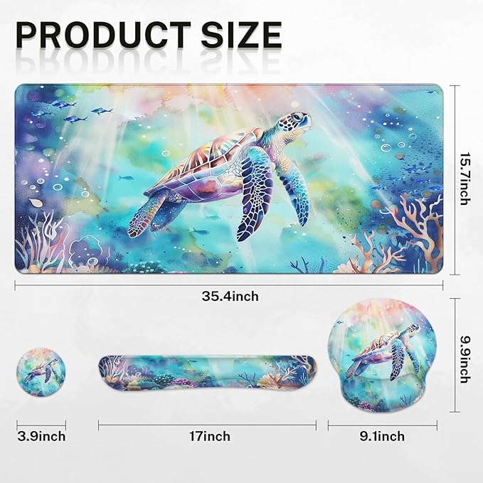 Britimes Sea Turtle Cute Ocean Keyboard Mouse Pad Set 4in1 Large Mousepad+Keyboard Wrist Rest+Mouse Wrist Rest+Coaster Set with Ergonomic Design for Home Office Computer 35.4x15.7 inches