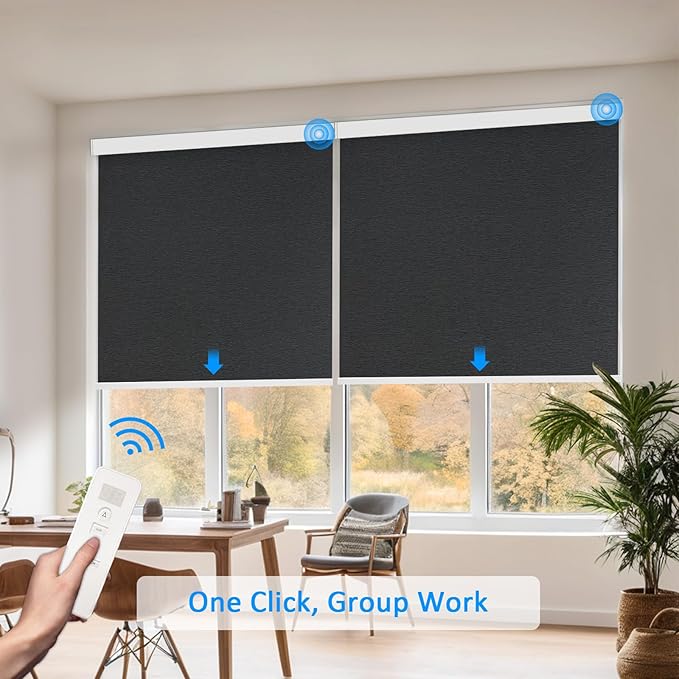 COOLWINDS Motorized Blinds with Remote Cordless Automatic Motorized Shades Custom Blinds for Windows Smart Curtains Compatible with Alexa Google Home(Blackout Jacquard Black,W63 x H72in)