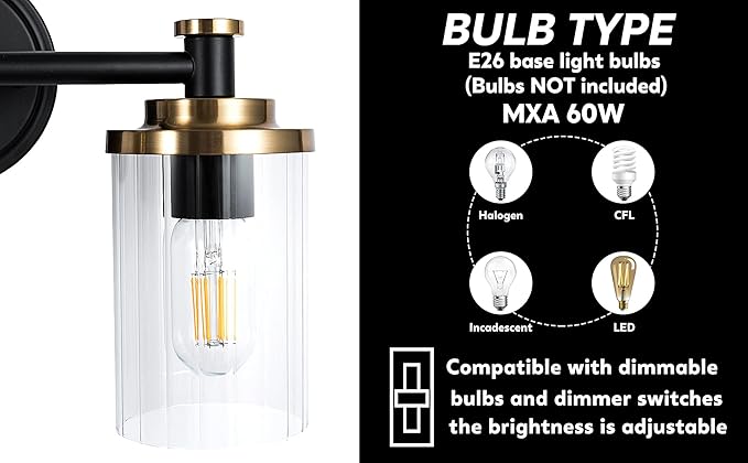 PHIXART Bathroom Lighting Fixtures Black and Gold Bathroom Vanity Light with Cylindrical Clear Stripes Glass Lampshade E26 Socket Base Bathroom Lighting Fixtures Over Mirror (2 Lights)