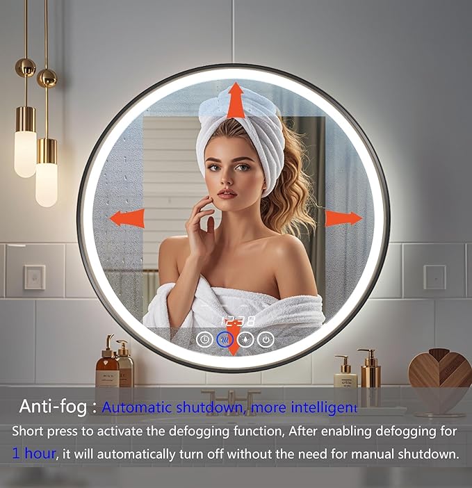 28 Inch Wall-Mounted Round Bathroom Mirror with LED-Lights - Frame Vanity Mirrors (28" x 28", Black)