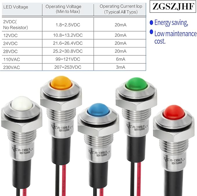 ZGSZJHF UL Listed Mini Indicator Light 8mm 0.31" Waterproof IP67 110V-120V Domed Sphere High Head Metal 304-Stainless Steel LED Lamp Pilot Light with 140mm Wire