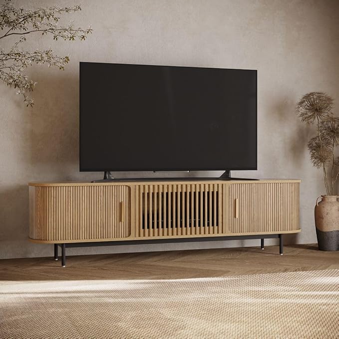POVISON Fully-Assembled Mid Century Modern TV Stand for 75 inch TV, Sliding Door Entertainment Center with Storage, Wood TV Console, Media Console for Living Room Bedroom(Oak, 78.74")