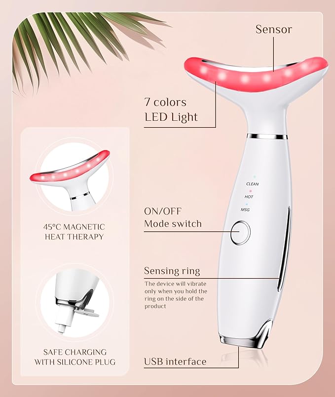 Dopsikn 7 Color Galvanic Machines - Red Light Therapy for Face and Neck, Face Massager Tool for Wrinkles, Double Chin, Vibrating Facial Massager with Thermals, White