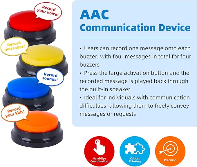 4 Pack Portable AAC Communication Devices for Autism Individuals with Communication Difficulties, Communication Device for Nonverbal Kids, Voice Recording Buttons for Schools, Home, Treatment Courses