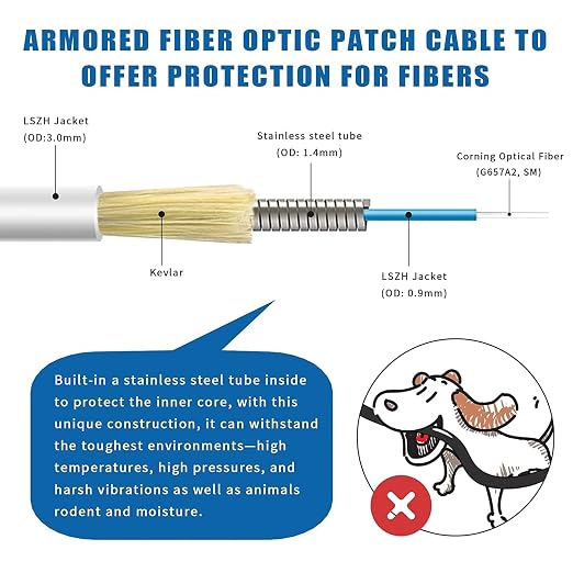 50ft SC to SC Fiber Optic Patch Cable, Armored Single Mode SC/UPC to SC/UPC - Image 2