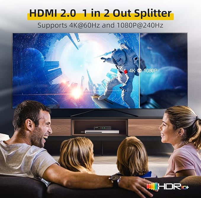 SHERRIVA 4K HDMI Splitter 1 in 2 Out – 4K@60Hz, 1080p@240Hz, HDMI 2.0, Mirror/Duplicate Screens, Auto Downscaling, EDID, 18Gbps, HDCP 2.3, Compatible with Dual Monitors, TV, PS4, Amplifier