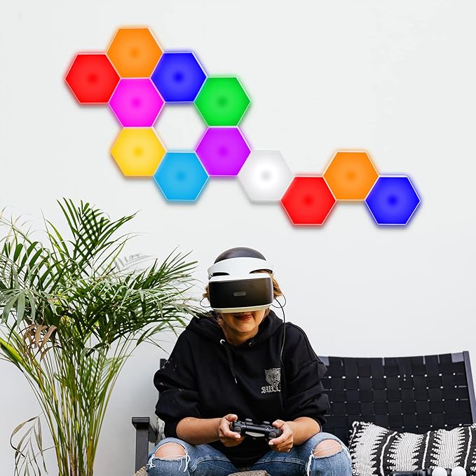 Vcwtty Hexagon Lights, Smart LED Wall Lights with Remote, 13 Colors Touch-Sensitive DIY Modular Assembled RGB Wall Panels, Hex Light with USB-Power for Autism, Game Room Decor, Party (10 Pack)