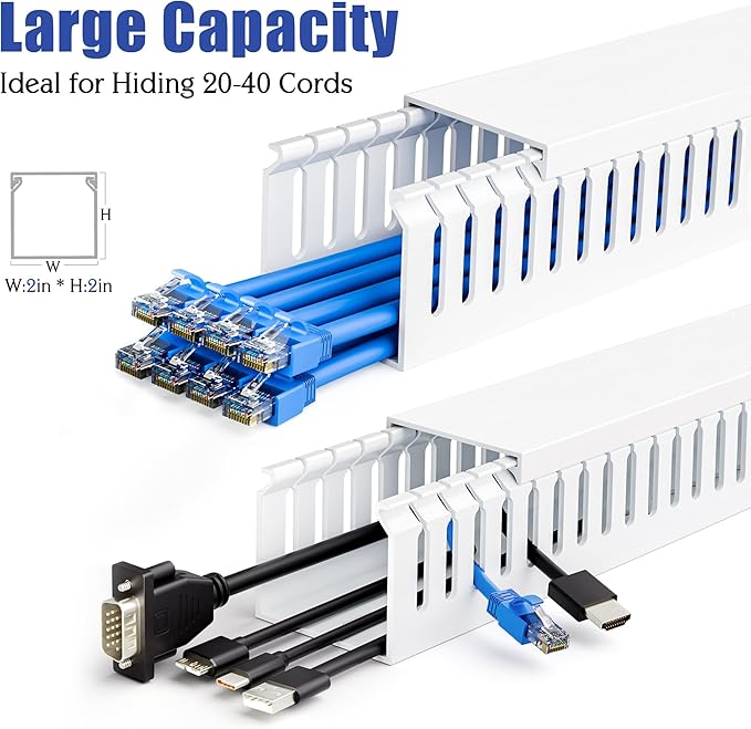 ZhiYo 2x2in Professional Server Rack Cable Management Raceway, 6.6ft (2 x 3.3ft) Cable Raceway Kit, Electrically Safe PVC Open Slot Wire Cover, Cord Hider for Under Desk/Computer/Network Cords White