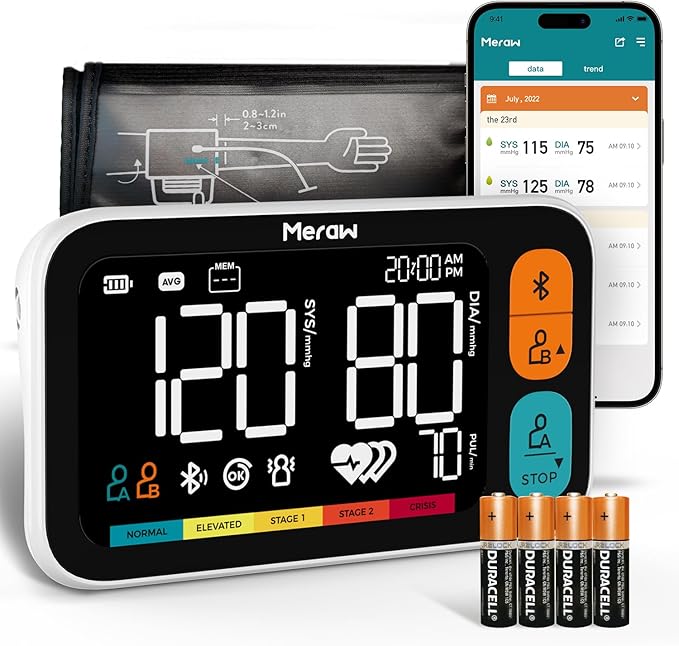 Meraw Blood Pressure Cuff Automatic Arm, Blood Pressure Monitor Home Use, Blood Pressure Machine Large Arm 8.6-16.5" Dual Users Bluetooth APP High Accuracy Irregular Heartbeat Monitoring Bag