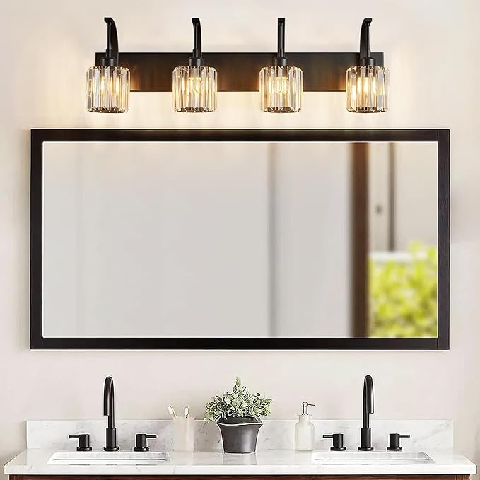 FDPBY 4-Light Crystal Vanity Light, Modern Black Bathroom Wall Sconce with K9 Crystal Shades, 32.67" Long Over Mirror Lighting for Vanity, Makeup, Hallway, Elegant & Easy Install