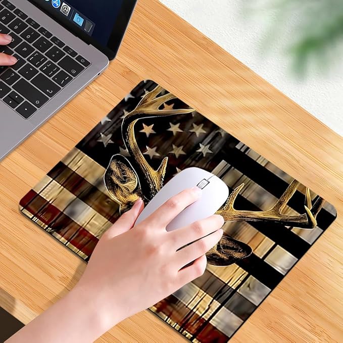 Wood Grain American Flag Hunting Deer Square Mouse pad, Texture, Waterproof, Anti Slip Rubber Base, Computer Mouse pad, Laptop Mouse pad
