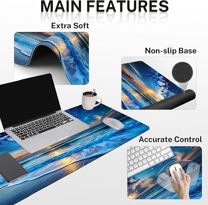 Britimes Blue Sea and Starry Sky Keyboard Mouse Pad Set 4in1 Large Mousepad+Keyboard Wrist Rest+Mouse Wrist Rest+Coaster Set with Ergonomic Design for Home Office Computer 35.4x15.7 inches