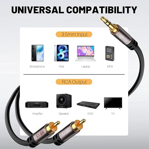 3.5mm to RCA Cable 25FT, 2 Male RCA to Aux Stereo Audio Adapter, Hi-Fi Sound Auxiliary RCA Y Splitter Cord, Shielded 1/8 to 2RCA Cable for Headphone, MP3, Tablet, Speaker, HDTV, Phone and More