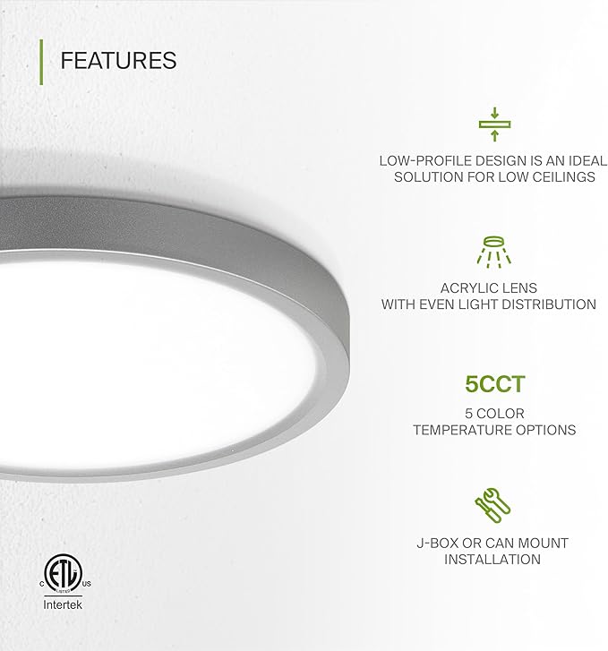 ASD LED 7" Round Flush Mount Ceiling Light Fixture, Low Profile Surface Lighting | 5CCT, Dimmable, Ultra-Thin, ETL Listed | 15W 1260LM 2700-6000K 120V | Kitchen, Hallway Lamp | Nickel, 12 Pack