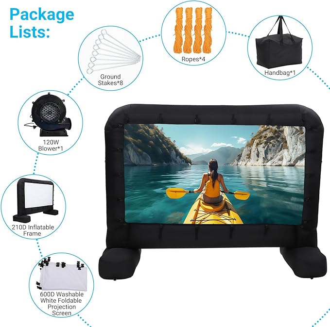 14Ft Inflatable Movie Projector Screen, Outdoor Movie Screen with Quiet Air Blower & Storage Bag, Supports Front/Rear Projection, Easy Setup, Ideal for Home Theater, Movie Nights