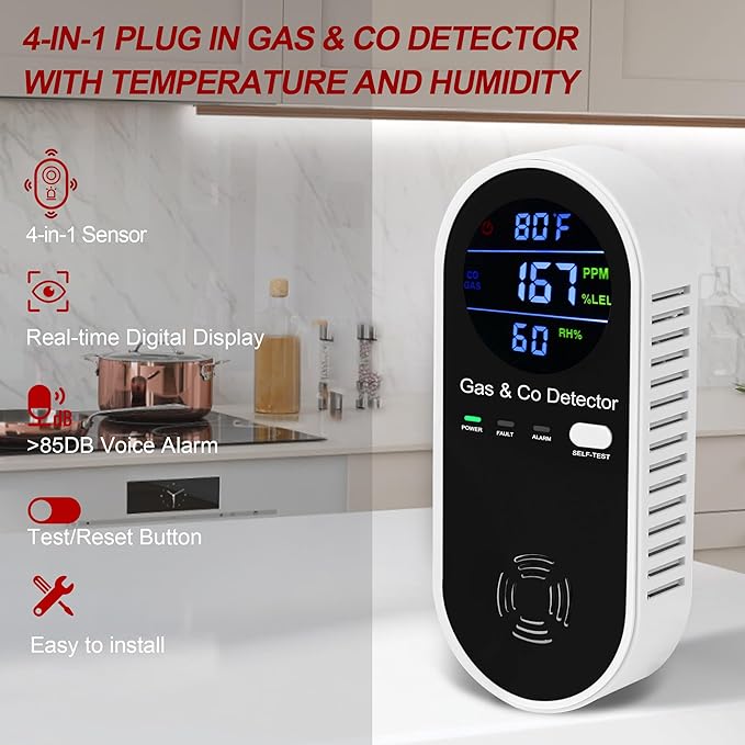 2 Packs Combination Natural Gas & Carbon Monoxide Detector,Koabbit 4-in-1 Explosive Gas & Carbon Monoxide Alarm with Temperature(°F) & Humidity for Home,RV,Hotel,Apartment