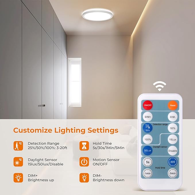 Matane Dimmable Motion Sensor LED Ceiling Light with Remote, 9 Inch Wired Flush Mount 3000K 4000K 5000K, 1800LM Motion Sensor Light Indoor for Closet Hallway Laundry Stairs White