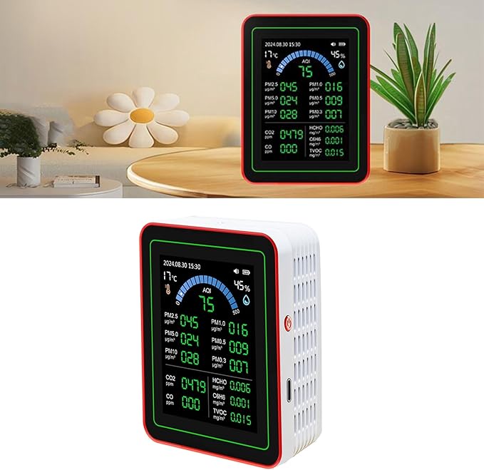 Air Quality Meter 18 in 1 Portable Battery Powered Indoor Air Quality Monitor with CO2 TVOC HCHO PM2.5 PM10 Temp Humidity Detection Data Storage for Home Office School