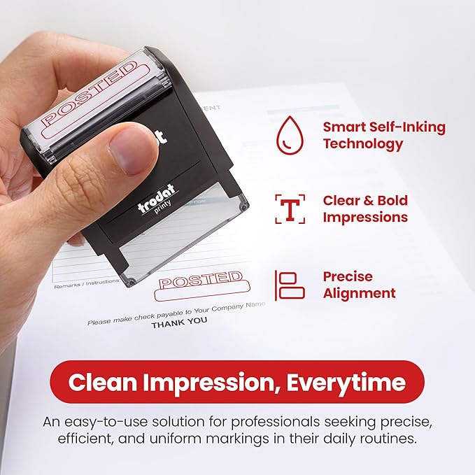 Promot Posted Self Inking Rubber Stamp - Refillable Stampers for Office - Business, Accounting, Bookkeeping, Coding, Legal, Notary, Work, Ordering, Inventory Stamps - Red Ink