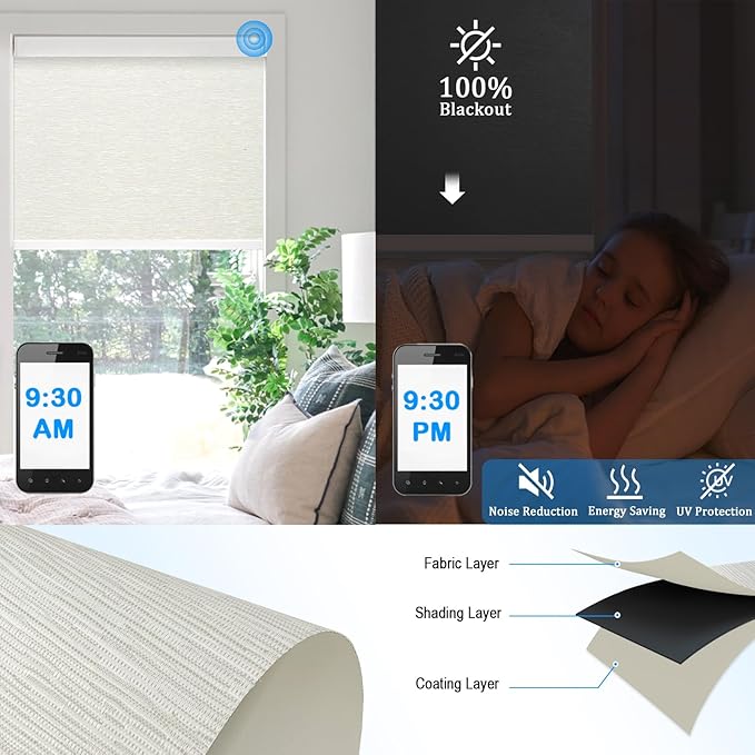 COOLWINDS Motorized Blinds with Remote Cordless Automatic Motorized Shades Custom Blinds for Windows Smart Curtains Compatible with Alexa Google Home(Blackout Jacquard Beige,W43 x H72in)