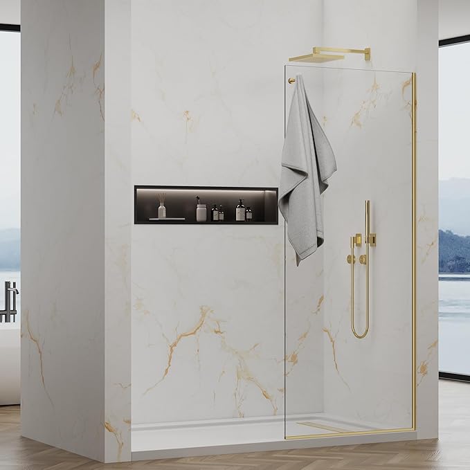Shower Screen,32"W * 76"H Single Shower Glass Panel, 3/8"(10mm) Tempered Glass, Shower Wall Panels, Fix Shower Glass Screen for Bathroom - Brushed Gold