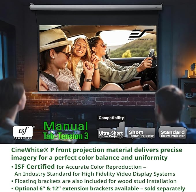 Elite Screens Manual Tab-Tension 3, 125-INCH with Extra 10" Drop, Pull Down Projector Screen Home Movie Gaming Presentations ISF Certified Premium CineWhite® P Material, MT125XWH3-E10