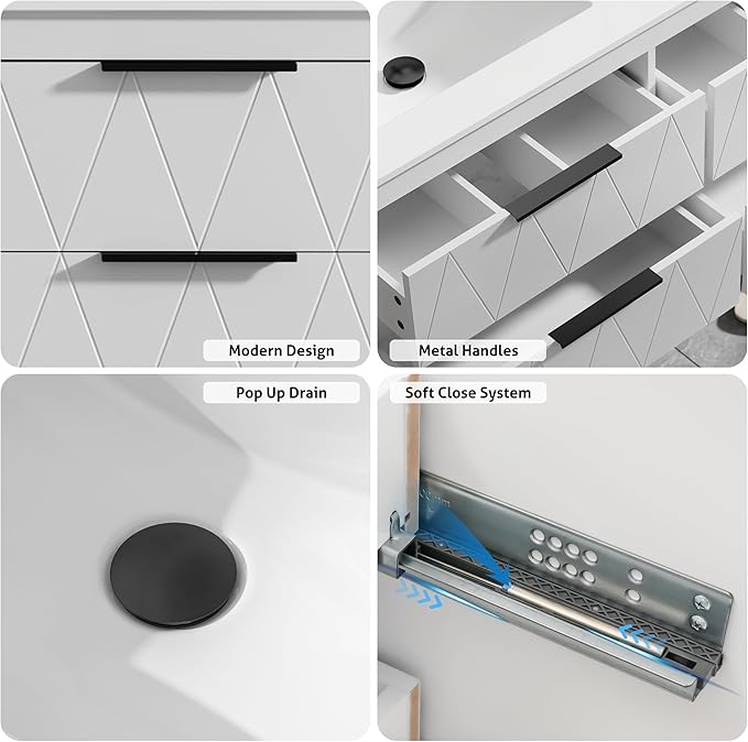 eclife 60" Bathroom Vanities Cabinet with Sink Combo, Wall Mounted Floating Cabinet W/Decor Line, Soft-Close System, 4 Extra Big Drawers, Matte Black Faucet, White