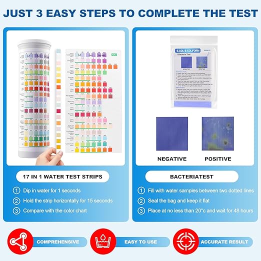 21-in-1 Home Drinking Water Testing Kit,145 Strips + 4 Bacteria Tests,Tap and Well Water Test Kit, Easy to Test and Read Home Test Strips for Hardness, Lead, Iron, Fluoride, pH, Copper and More