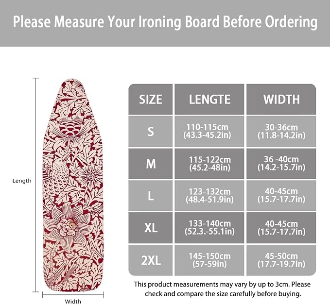 ZCFYGDX Vintage Red Floral Print Ironing Board Cover with Elastic Edge 3 Bottom Nylon Buckle Straps Breathable Resist Scorch Staining Suitable for Size-2XL Iron Board House William Morris Decor