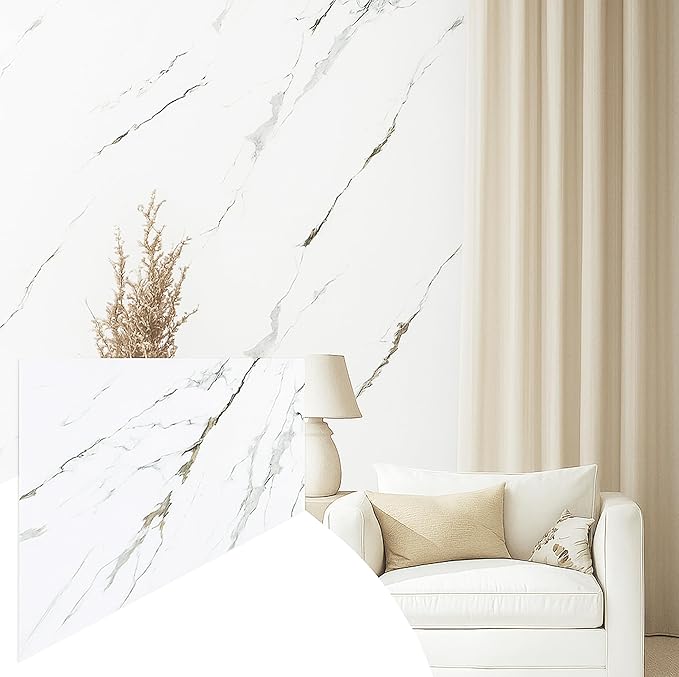 Dundee Deco Faux Marble Wall Panels - Sample - Glossy, Waterproof Indoor Wall Cladding - White, Grey, Tan Veins - Sample 6" x 6"