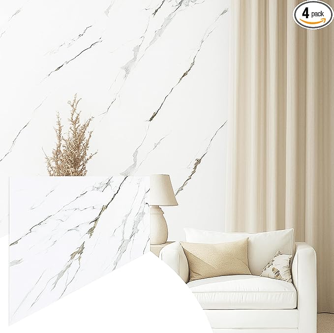 Dundee Deco Faux Marble Wall Panels - 2 ft X 4 ft - Glossy, Waterproof Indoor Wall Cladding - White, Grey, Tan Veins - Set of 4 - Covers 31 sq ft
