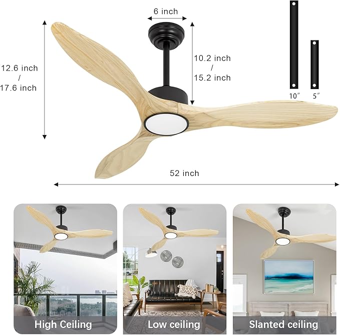 Revoici 52 inch Ceiling Fans with Lights and Remote, 3 Natural Wood Blades, Modern Indoor/Outdoor Ceiling Fan for Living Room Bedroom Farmhouse Patio, 6 Speeds, Dimmable, Noiseless Reversible DC Motor