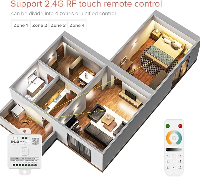 BTF-LIGHTING SP630E Bluetooth Controllers 4 Zones 2.4GHz RF RB2 Remote Kit Support FCOB COB SMD PWM or SPI CCT Dual White Tunable Color Temperature LED Strip WS2811 IC etc DC5V DC12V DC24V