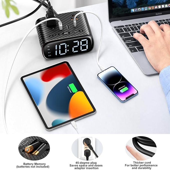 10PCS Alarm Clock with 2 USB-C, 2 USB-A Chargers Power Strip 2 Outlets - Screen LED Dimmable Digital Clock with Snooze Function - Dual Alarm for Bedside Nightstand