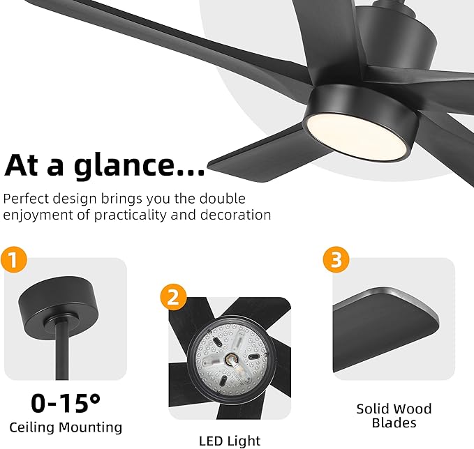 WINGBO 48 Inch DC Ceiling Fan with Lights and Remote Control, 5 Carved Solid Wood Blades, 6-Speed Noiseless Reversible DC Motor, Indoor Ceiling Fan in Matte Black Finish with Black Blades