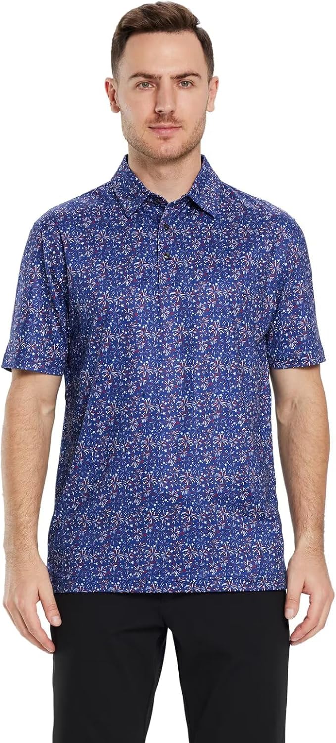 Golf Shirts for Men Dry Fit Short Sleeve Print Performance Moisture Wicking Polo Shirt