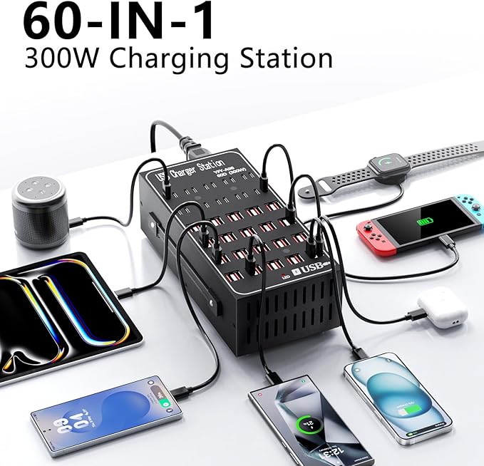 300W USB Charging Station, 60 Port USB C Charger Block, USB Charger hub for Multiple Devices, USB C Multi Charge Compatible with iPhone 17 16 15 14 13, iPad, Samsung Galaxy S23 S24, Pixel