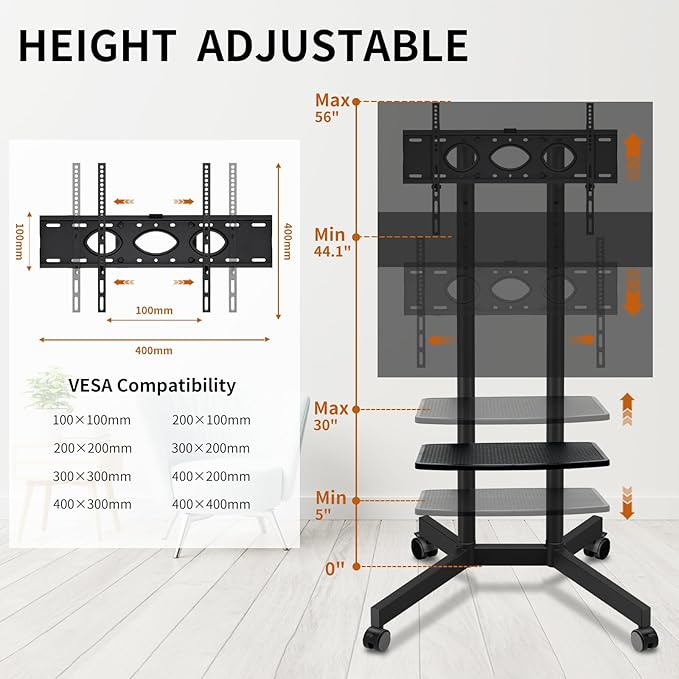 Solid Grace Rolling TV Stand with Power Outlet for 32-75 Inch TVs up to 88lbs, Portable TV Stand with Shelf, Mobile TV Cart for Living Room, Office, Meeting Room, Outdoor(with Power Outlet+Shelf)